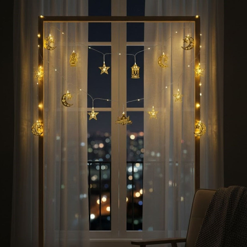 10 Adet Sarkıtlı Karışık Ramazan Temalı LED Işık – Pilli 2 Metre Ramazan Süsü, İslami Dekorasyon, Ev ve Mekanlar İçin Dekoratif Ortam Aydınlat