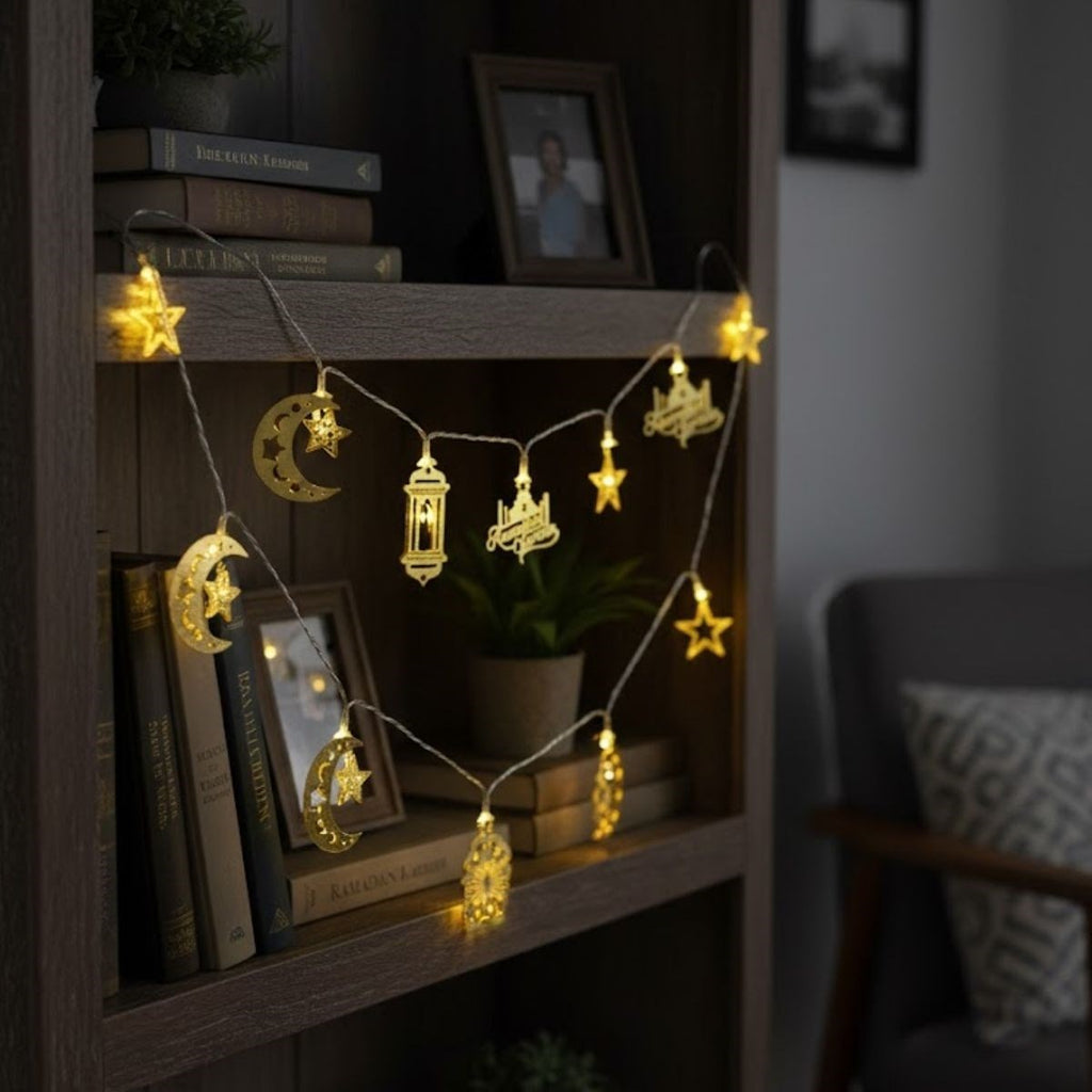 10 Adet Sarkıtlı Karışık Ramazan Temalı LED Işık – Pilli 2 Metre Ramazan Süsü, İslami Dekorasyon, Ev ve Mekanlar İçin Dekoratif Ortam Aydınlat