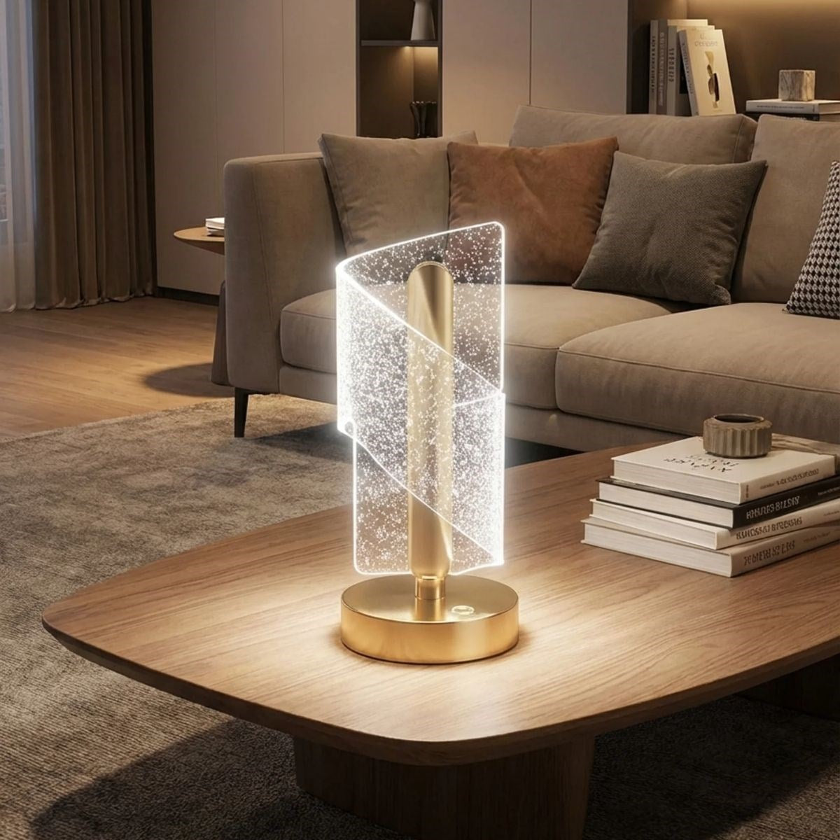 Çapraz Kavisli Kristal Simli LED Masa Lambası – Gold Gövdeli, Dokunmatik, 3 Kademe Işık Ayarlı Şarjlı Dekoratif Lamba