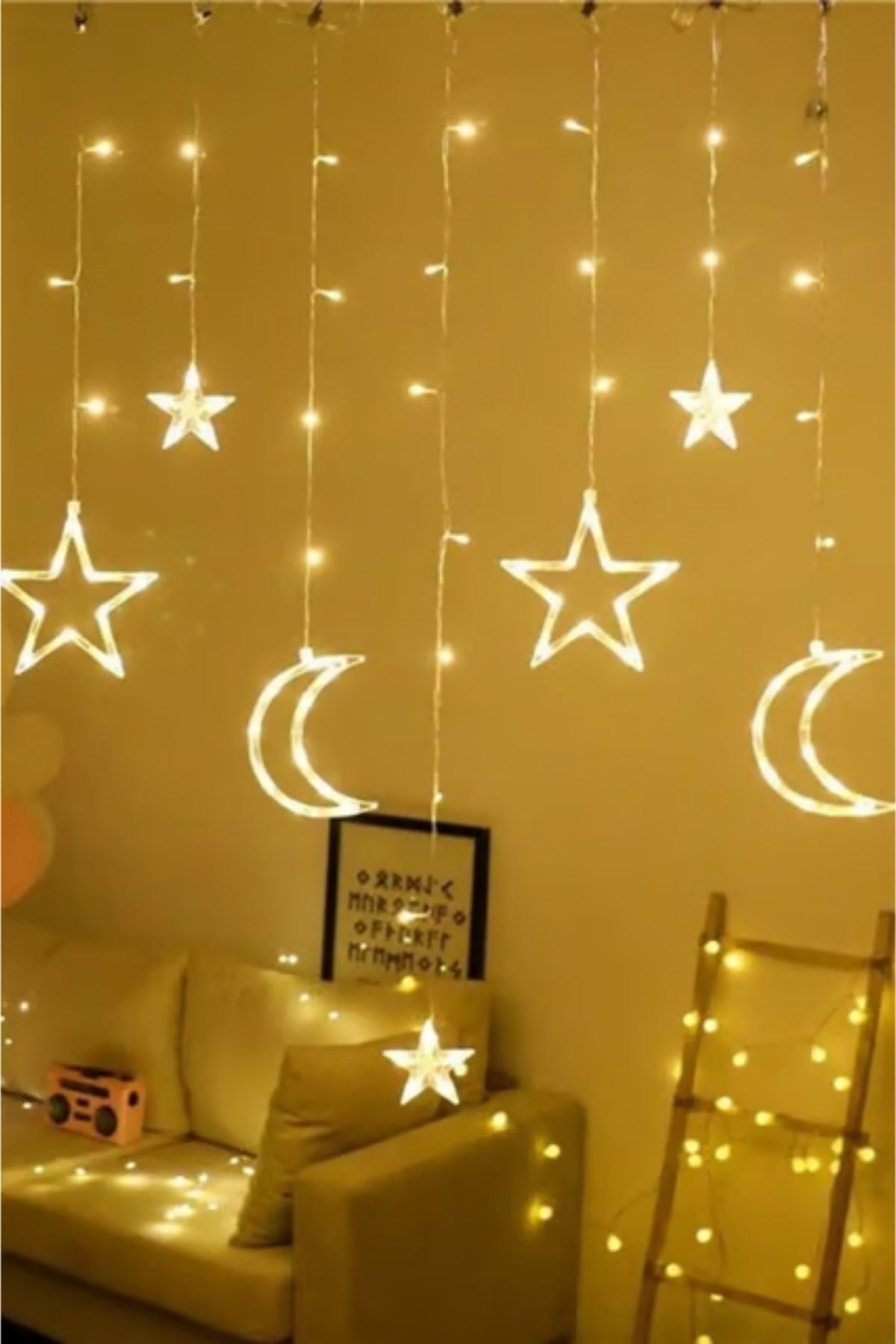 Ay ve Yıldız Figürlü Kumandalı 12 Sarkıtlı 120 LED Dekor Işık – Dekoratif Ortam ve Masaüstü Aydınlatması