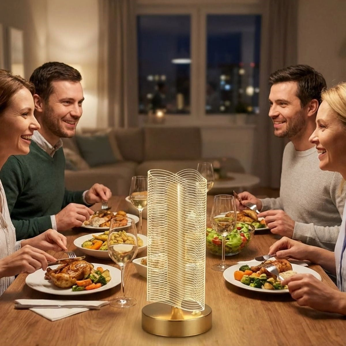 Dalgalı Silindirik Kristal Çizgili Model LED Masa Lambası – Gold Tabanlı, Dokunmatik, 3 Renk Işık Modlu, Şarjlı Modern Dekoratif Gece Lambası