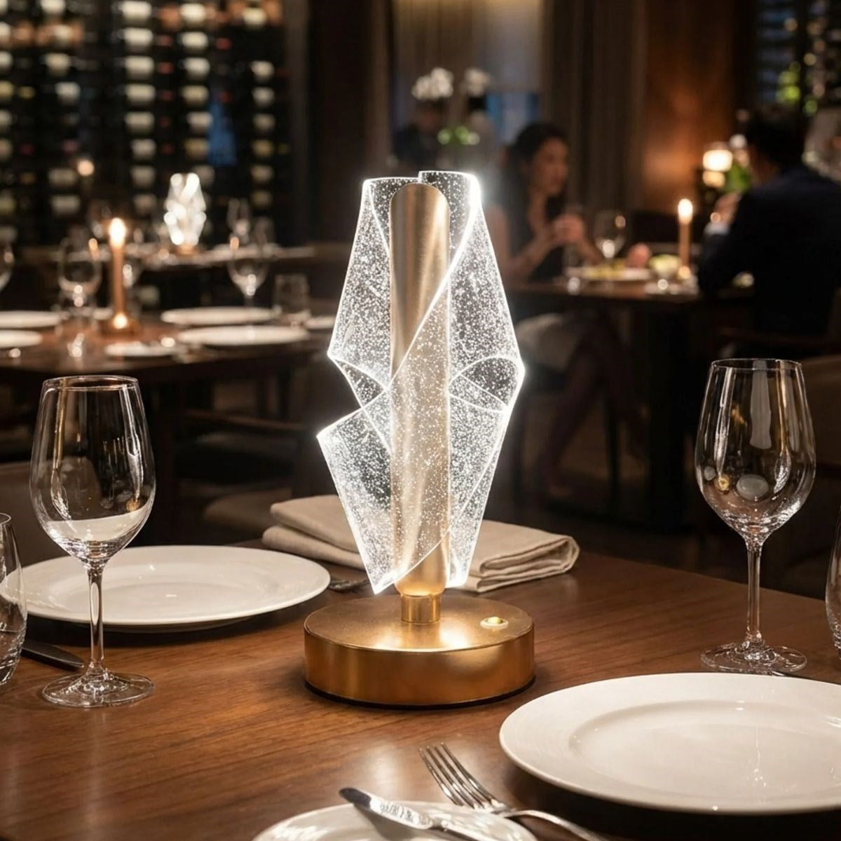 Çapraz Kavisli Ters Kristal Simli LED Masa Lambası – Gold Gövdeli, Dokunmatik, 3 Kademe Işık Ayarlı Şarjlı Dekoratif Lamba