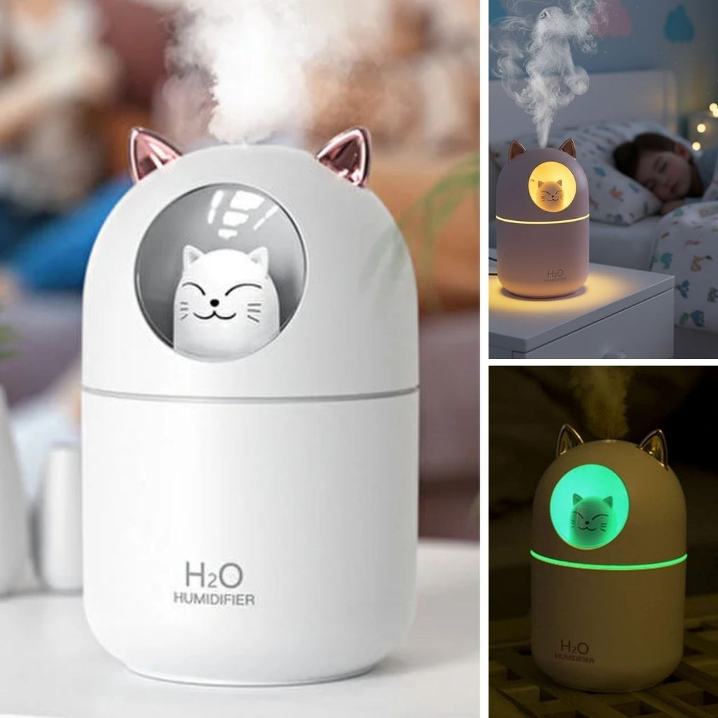 Kedicik Figürlü Hava Nemlendirici – Ultrasonik Soğuk Buhar Makinesi, LED Işıklı Masaüstü Oda Nemlendirici