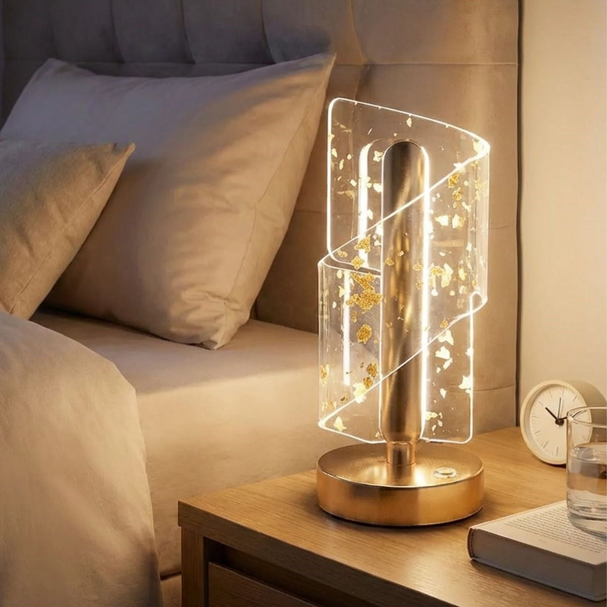 Çapraz Kavisli Kristal Altın Toz Model LED Masa Lambası – Gold Gövdeli, Dokunmatik, 3 Kademe Işık Ayarlı Şarjlı Dekoratif Lamba