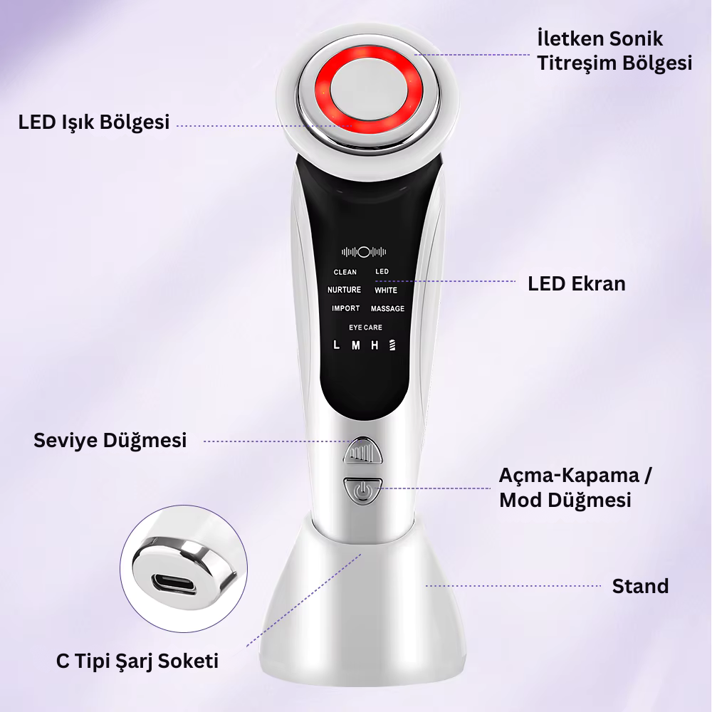 Face EMS, Led Terapi, Sonic Titreşimlerle Yüz ve Boyun Bölgesi Sıkılaştırma - Gençleştirme - Bakım Güzellik Cihazı