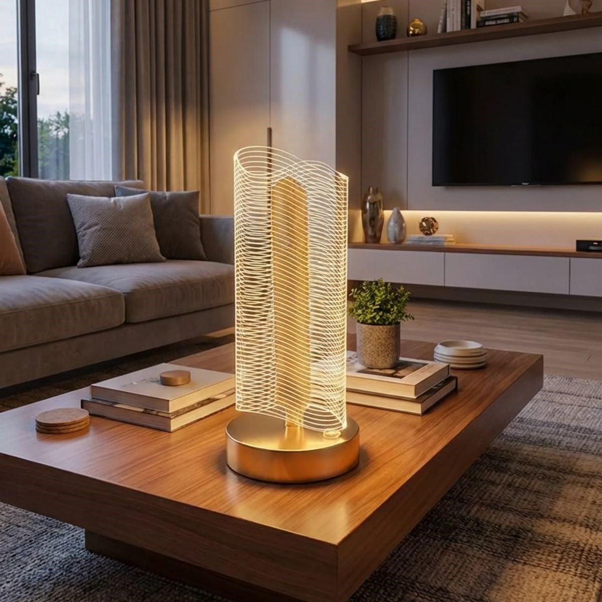 Dalgalı Silindirik Kristal Çizgili Model LED Masa Lambası – Gold Tabanlı, Dokunmatik, 3 Renk Işık Modlu, Şarjlı Modern Dekoratif Gece Lambası