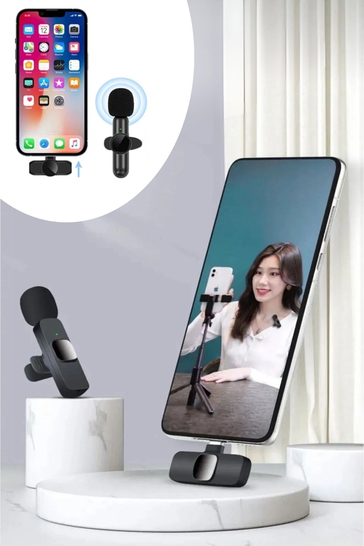 Type C Uyumlu İphone Dönüştürücülü Kablosuz Yaka Mikrofonu Android ve İphone Uyumlu Mini Mikrofon