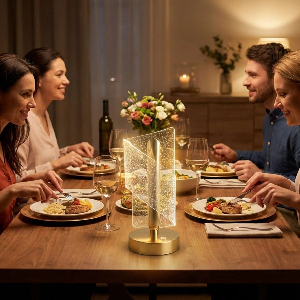 Çapraz Kavisli Kristal Simli LED Masa Lambası – Gold Gövdeli, Dokunmatik, 3 Kademe Işık Ayarlı Şarjlı Dekoratif Lamba