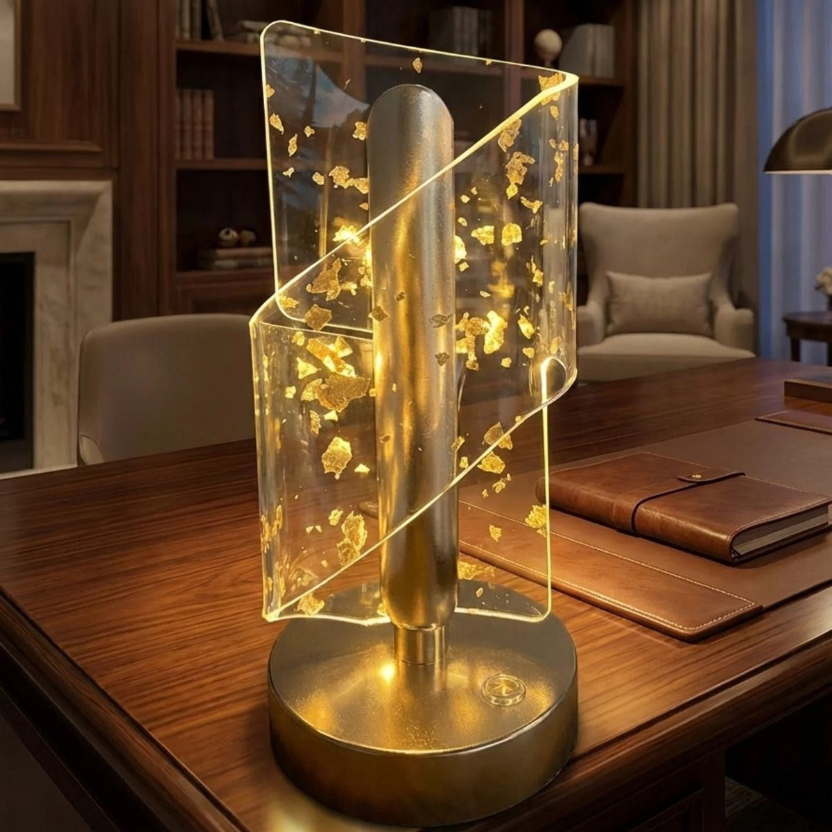 Çapraz Kavisli Kristal Altın Toz Model LED Masa Lambası – Gold Gövdeli, Dokunmatik, 3 Kademe Işık Ayarlı Şarjlı Dekoratif Lamba