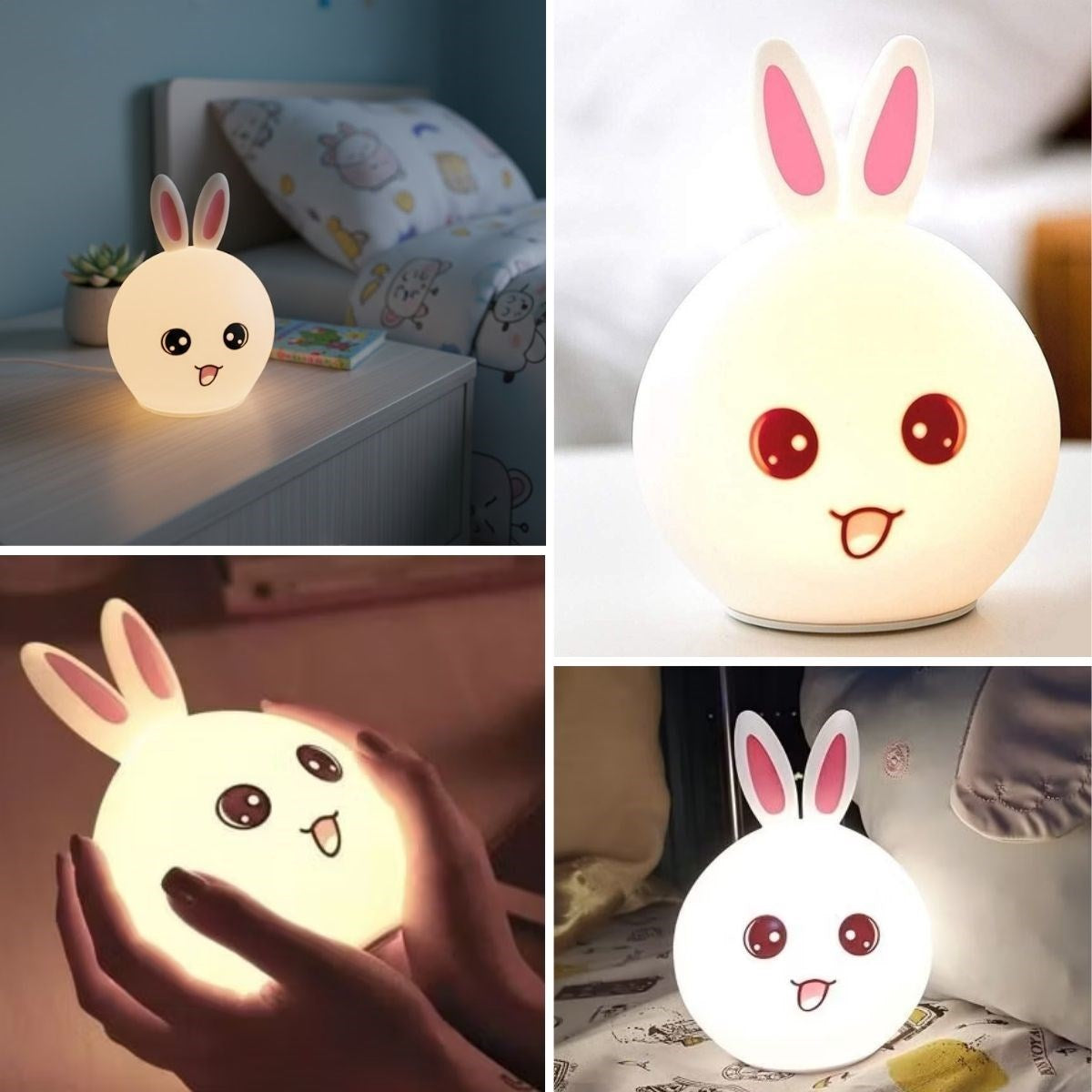 5 Farklı Renk Modlu Tavşan Figürlü Pofuduk LED Gece Lambası–Yumuşak Dokulu Çocuk Odası ve Dekoratif Şarjlı Ortam Işığı