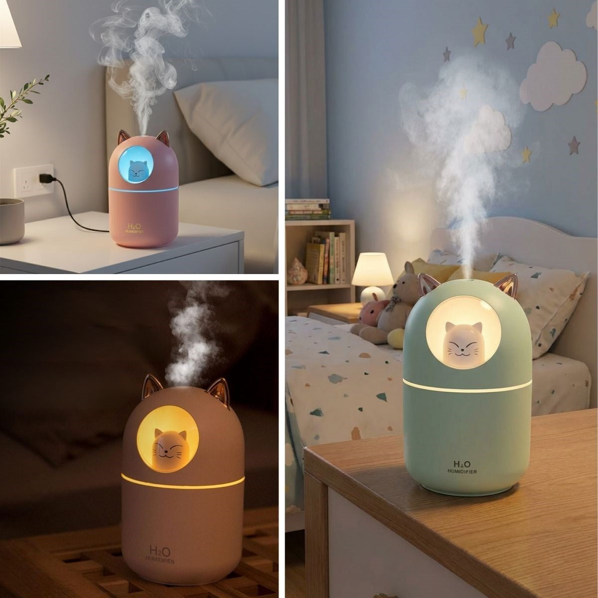Kedicik Figürlü Hava Nemlendirici – Ultrasonik Soğuk Buhar Makinesi, LED Işıklı Masaüstü Oda Nemlendirici