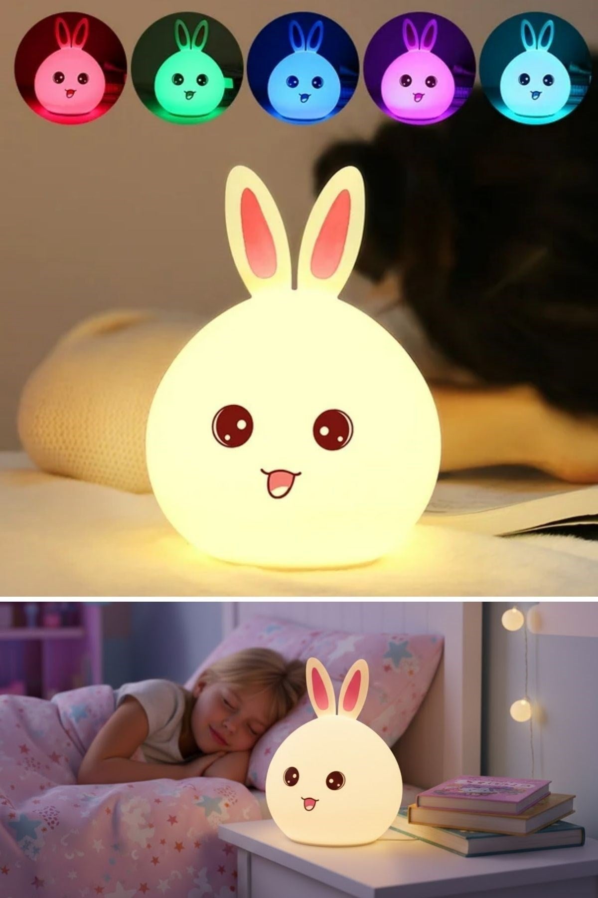 5 Farklı Renk Modlu Tavşan Figürlü Pofuduk LED Gece Lambası–Yumuşak Dokulu Çocuk Odası ve Dekoratif Şarjlı Ortam Işığı