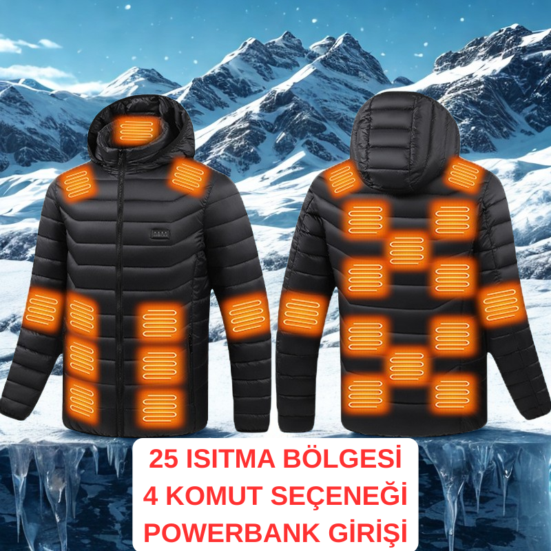 Kapşonlu, 25 Bölge Karbonfiber Isıtmalı, Su İtici, Pamuk Dolgulu, Dayanıklı Unisex Kışlık Mont
